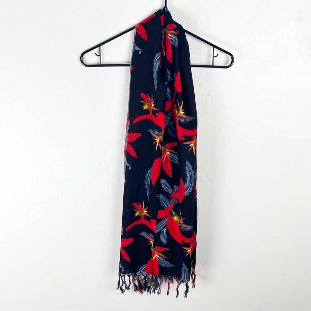 HIBISCUS COLLECTION HAWAII Black Tropical Floral Print Fringe Trim Scarf